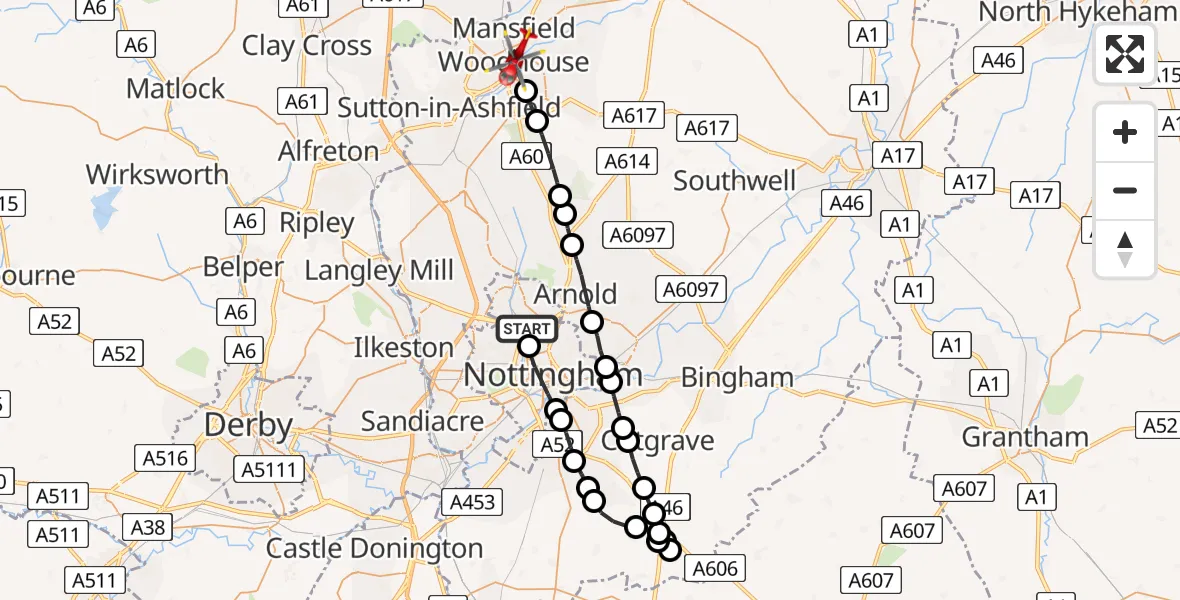 Flight route Air Ambulance Helicopter Bulwell - Mansfield Woodhouse, 30 May 2026, 10:59