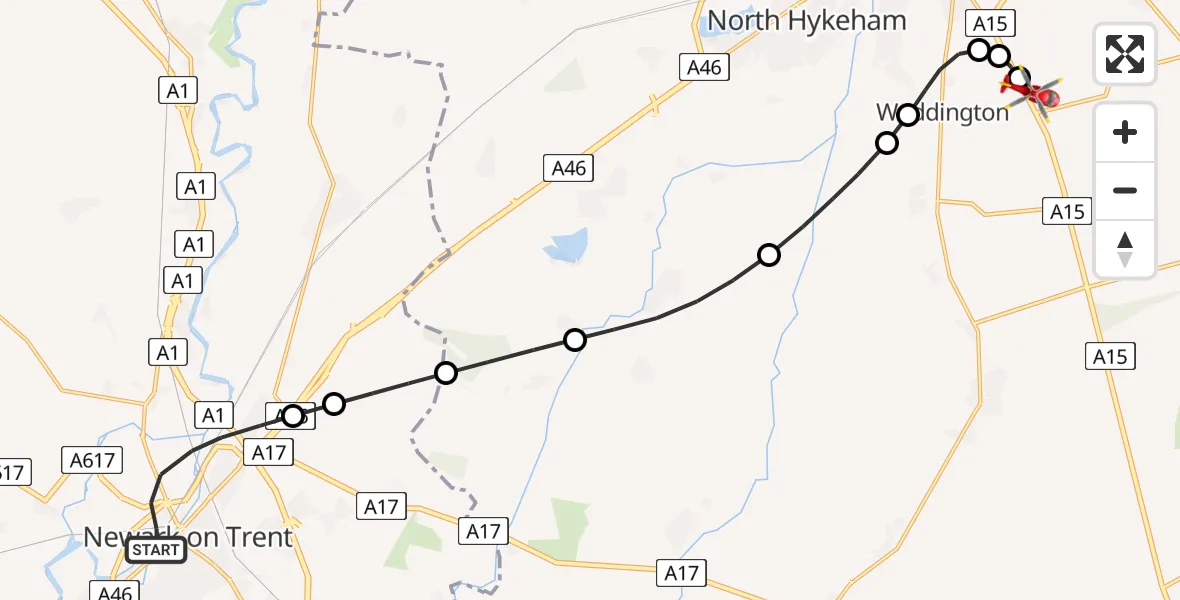 Flight route Air Ambulance Helicopter Newark on Trent - North Kesteven, 30 May 2026, 11:11