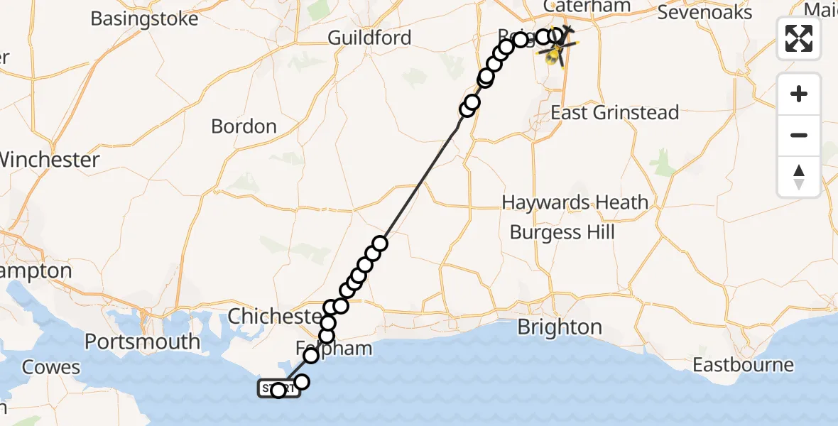 Flight route Police Helicopter Selsey - South Nutfield, 30 May 2026, 11:12