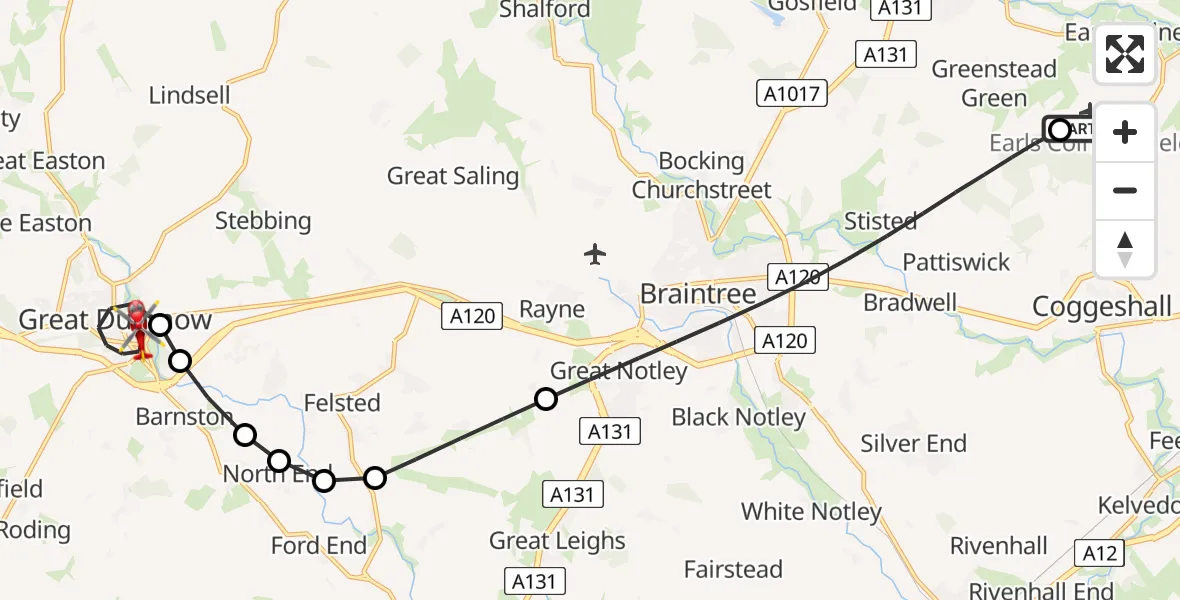 Flight route Air Ambulance Helicopter Earls Colne Airfield - Great Dunmow, 30 May 2026, 11:17