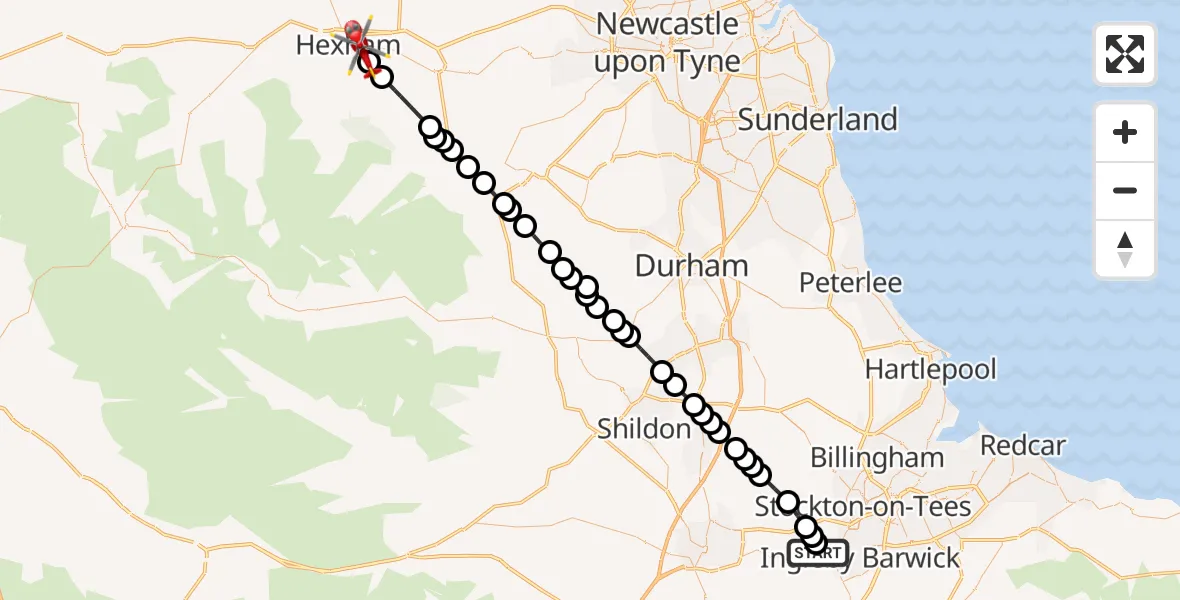Flight route Air Ambulance Helicopter Egglescliffe - Hexham, 30 May 2026, 11:17