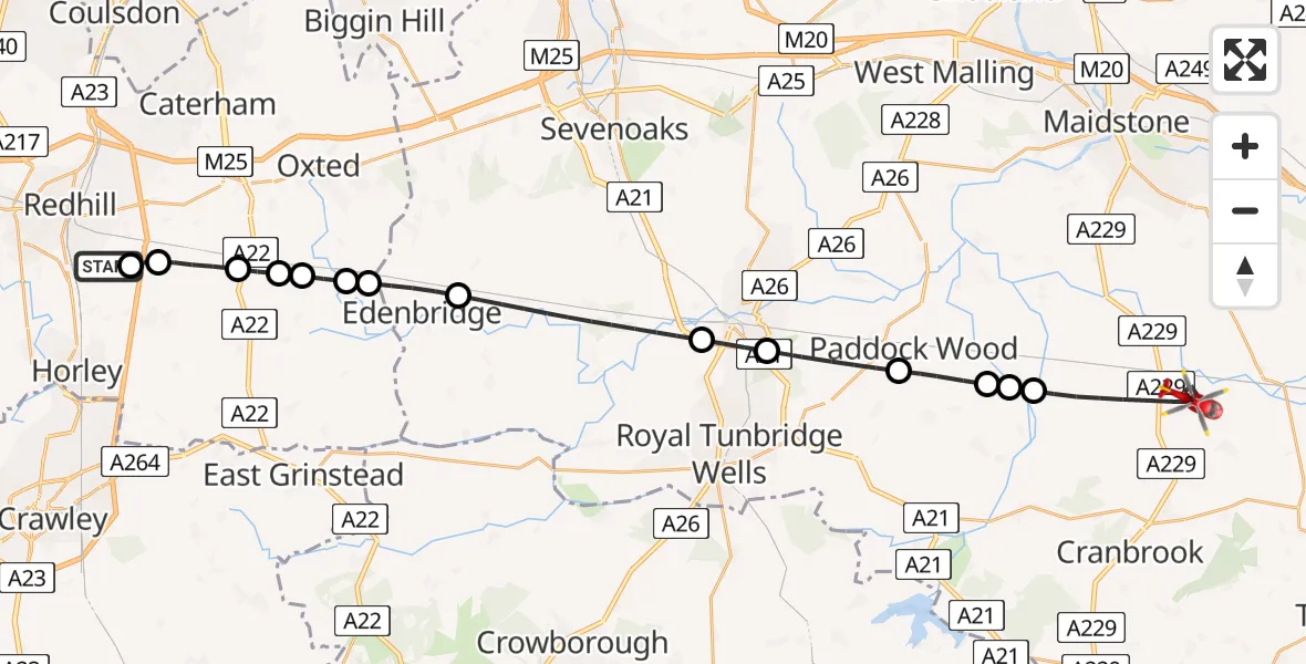 Flight route Air Ambulance Helicopter Redhill Aerodrome - Maidstone, 30 May 2026, 11:31