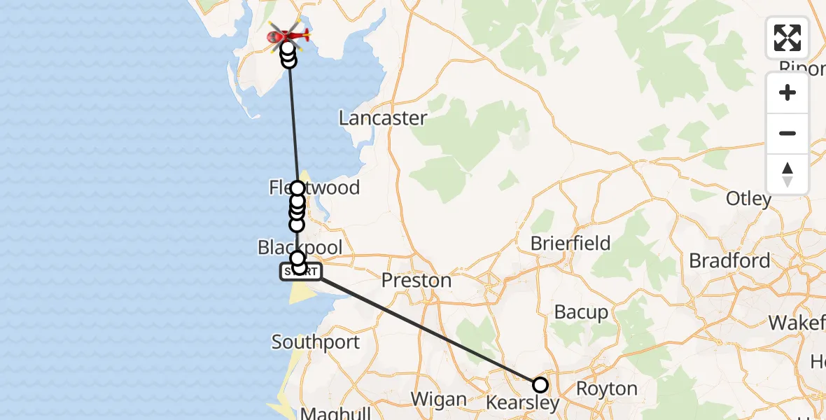 Flight route Air Ambulance Helicopter Blackpool Airport - Ulverston, 30 May 2026, 11:40