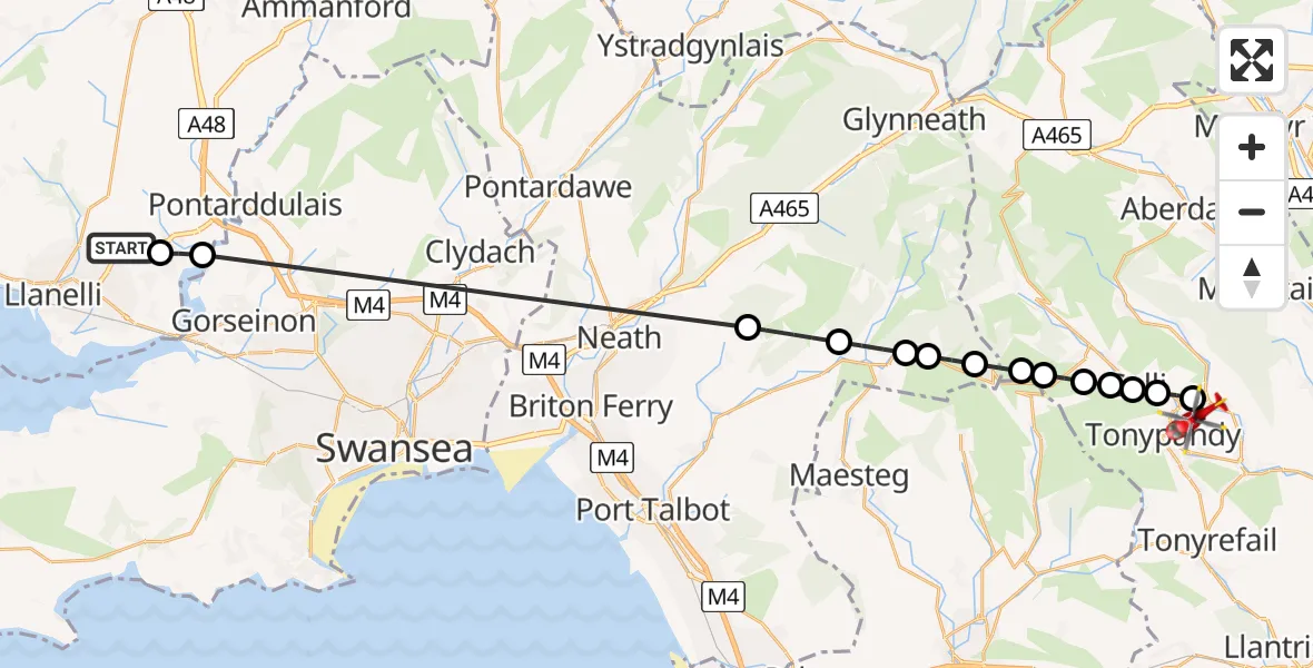 Flight route Air Ambulance Helicopter Dafen - Pontygwaith, 30 May 2026, 11:42
