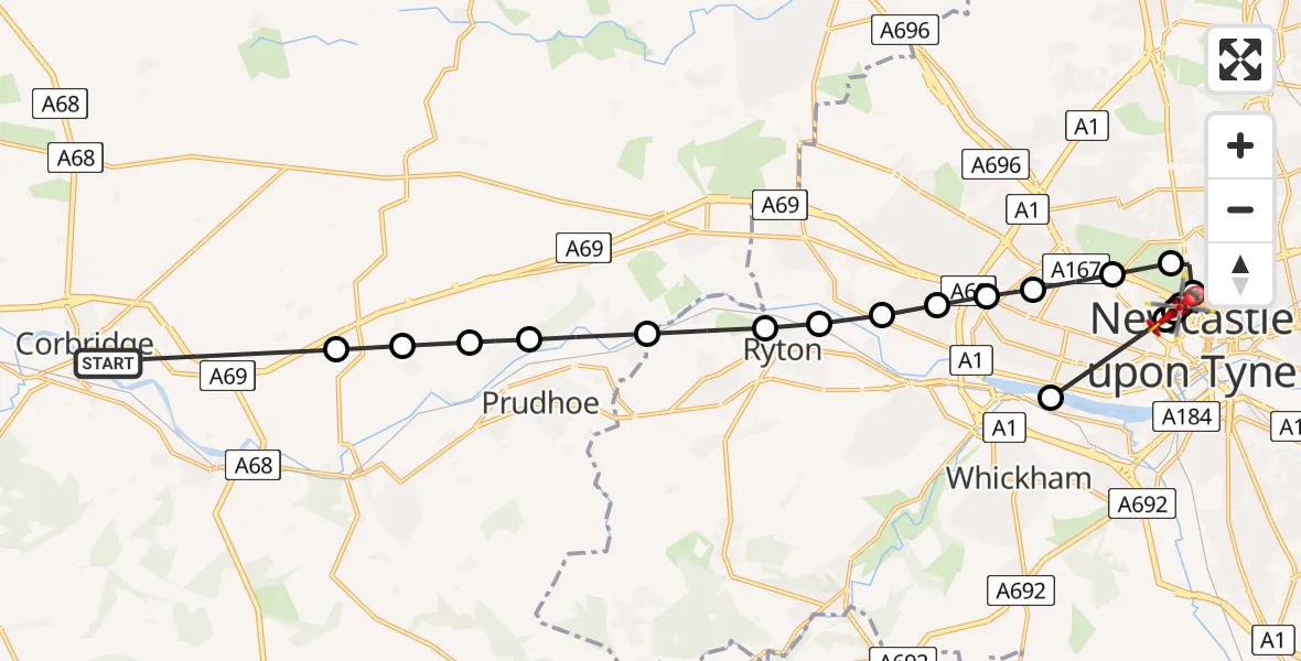 Flight route Air Ambulance Helicopter Corbridge - Newcastle Royal Victoria Infirmary, 30 May 2026, 11:51