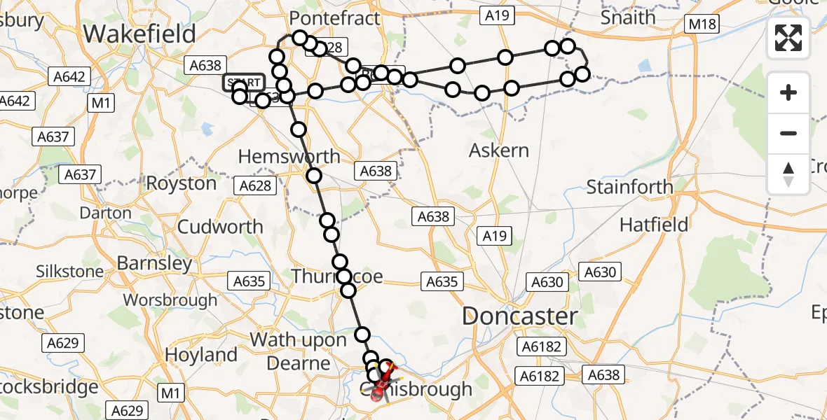 Flight route Air Ambulance Helicopter YAA Nostell Helicopter Port - Denaby Main, 30 May 2026, 11:59