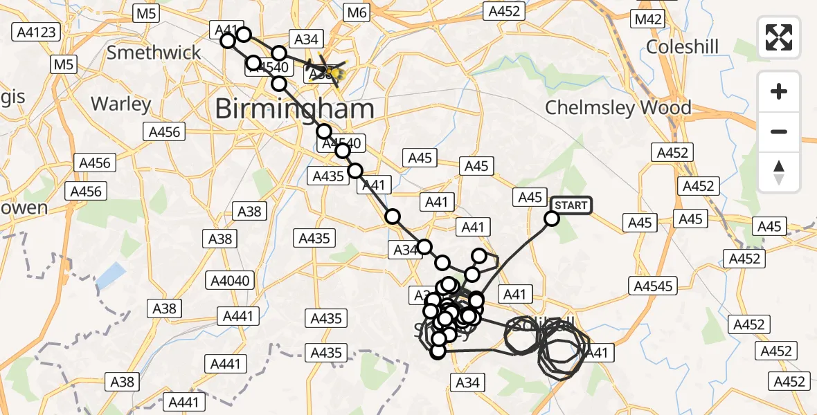 Flight route Police Helicopter Birmingham Airport - Vauxhall, 30 May 2026, 12:00
