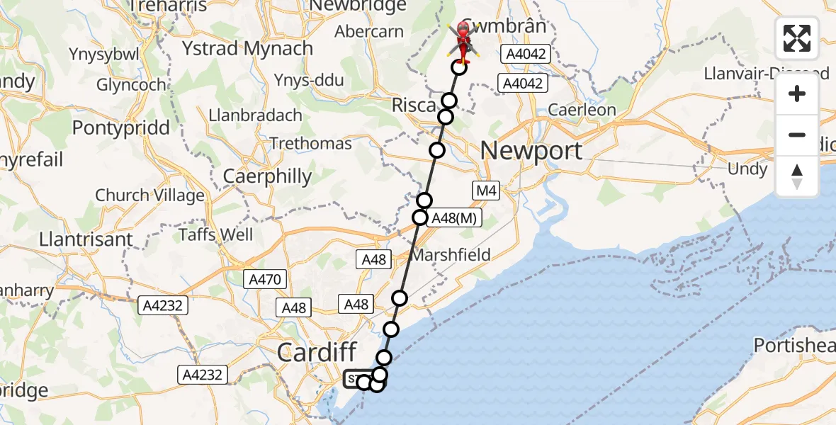 Flight route Air Ambulance Helicopter Cardiff Heliport - Cwmbrân, 30 May 2026, 12:04