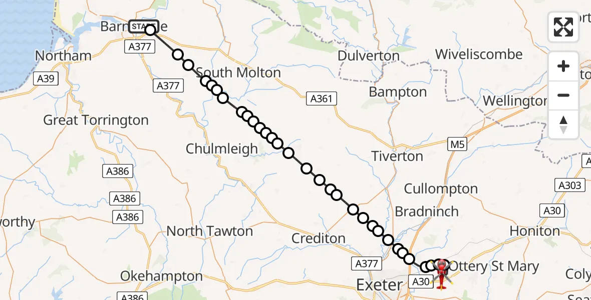 Flight route Air Ambulance Helicopter Barnstaple - Rockbeare, 30 May 2026, 12:08