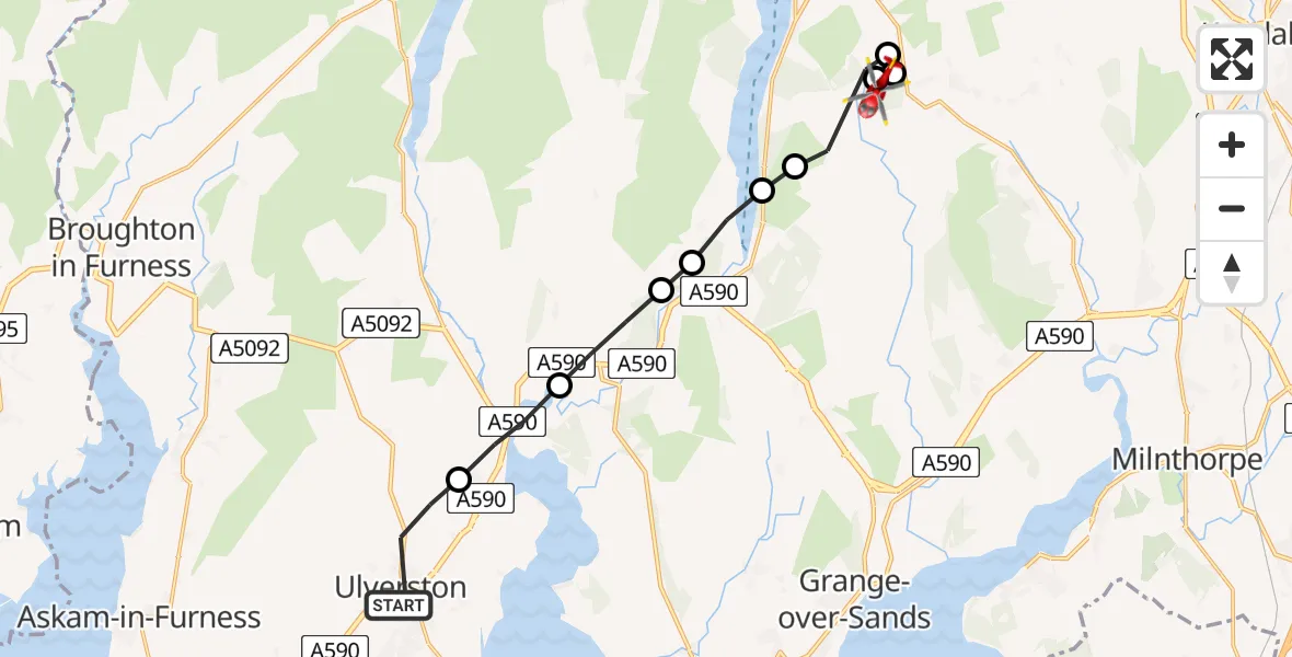 Flight route Air Ambulance Helicopter Ulverston - Cartmel Fell, 30 May 2026, 12:13