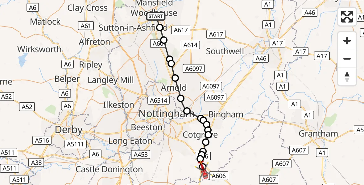 Flight route Air Ambulance Helicopter Mansfield Woodhouse - Nottingham Heliport, 30 May 2026, 12:18
