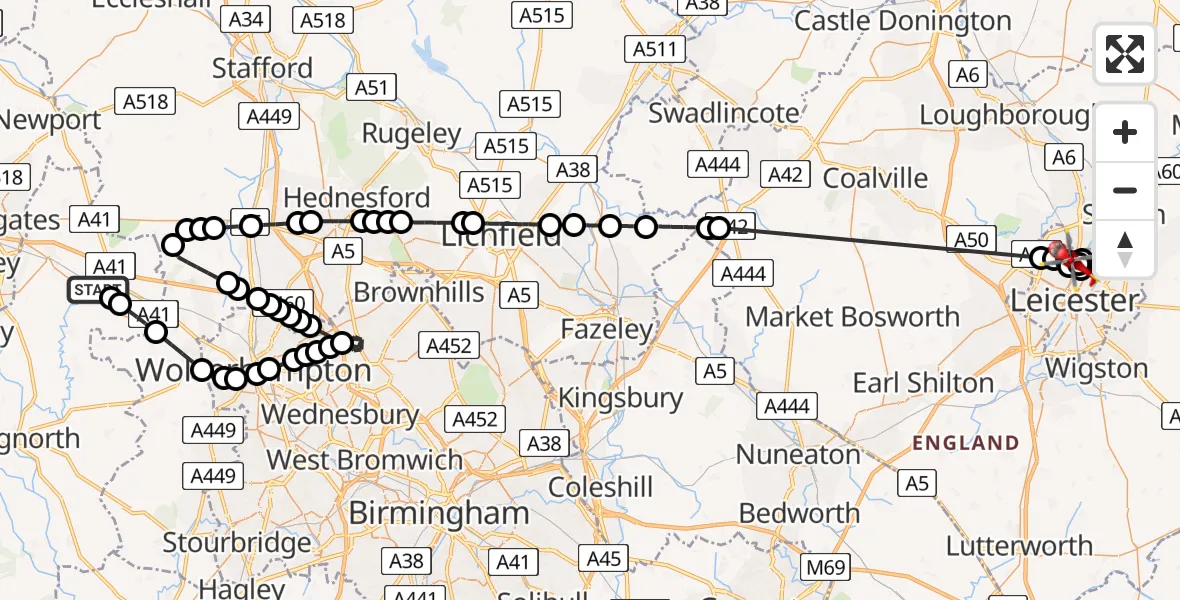Flight route Air Ambulance Helicopter RAF Cosford - Mowmacre Hill, 30 May 2026, 12:28