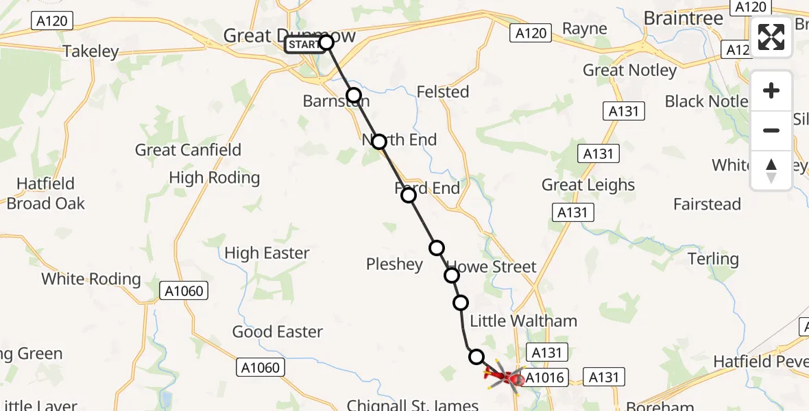 Flight route Air Ambulance Helicopter Great Dunmow - Little Waltham, 30 May 2026, 12:29