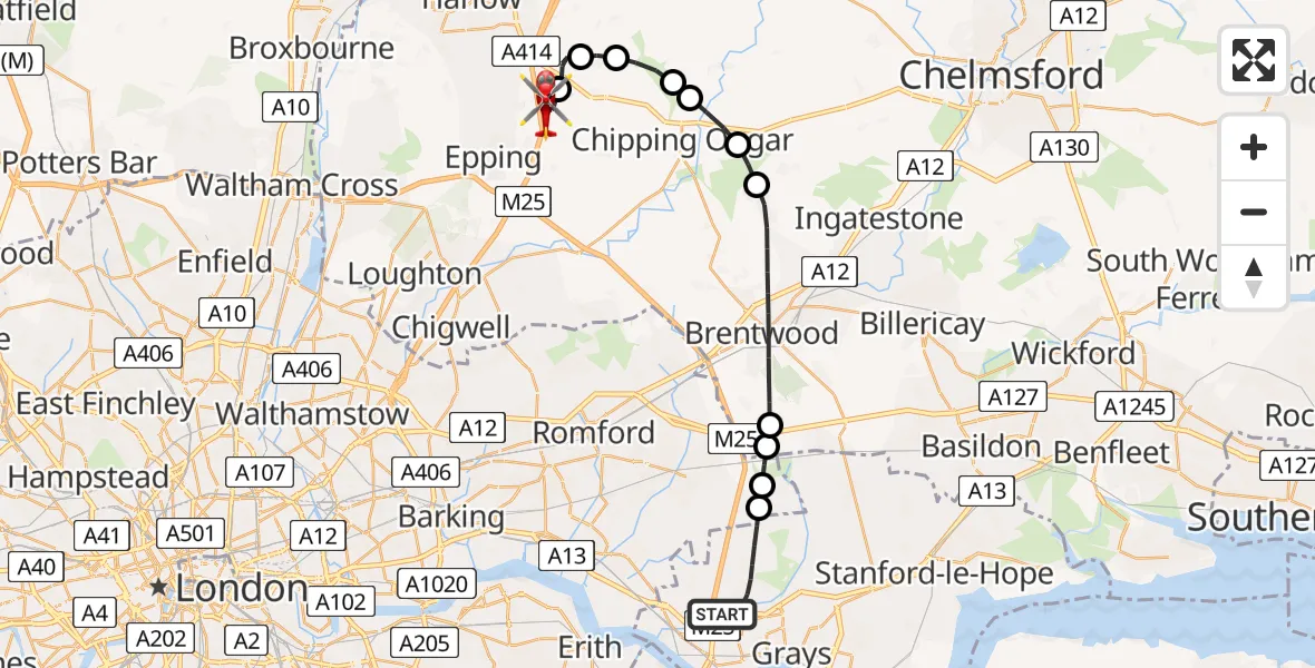 Flight route Air Ambulance Helicopter South Ockendon - North Weald Airfield, 30 May 2026, 12:31