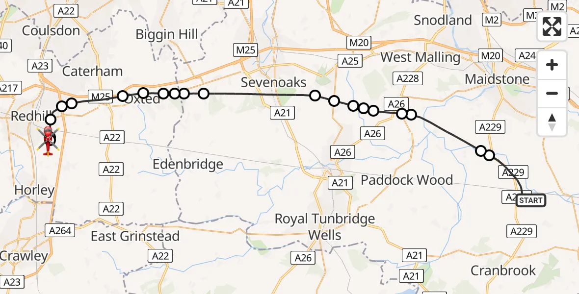 Flight route Air Ambulance Helicopter Maidstone - Redhill Aerodrome, 30 May 2026, 12:34