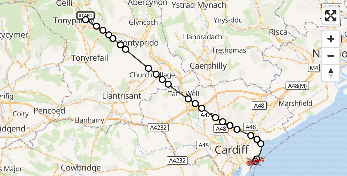 Flight route Air Ambulance Helicopter Pontygwaith - Cardiff Heliport, 30 May 2026, 12:35