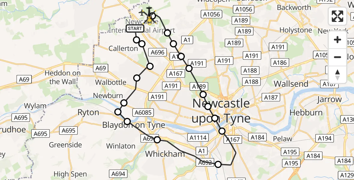 Flight route Police Helicopter Callerton - Newcastle International Airport, 30 May 2026, 12:36