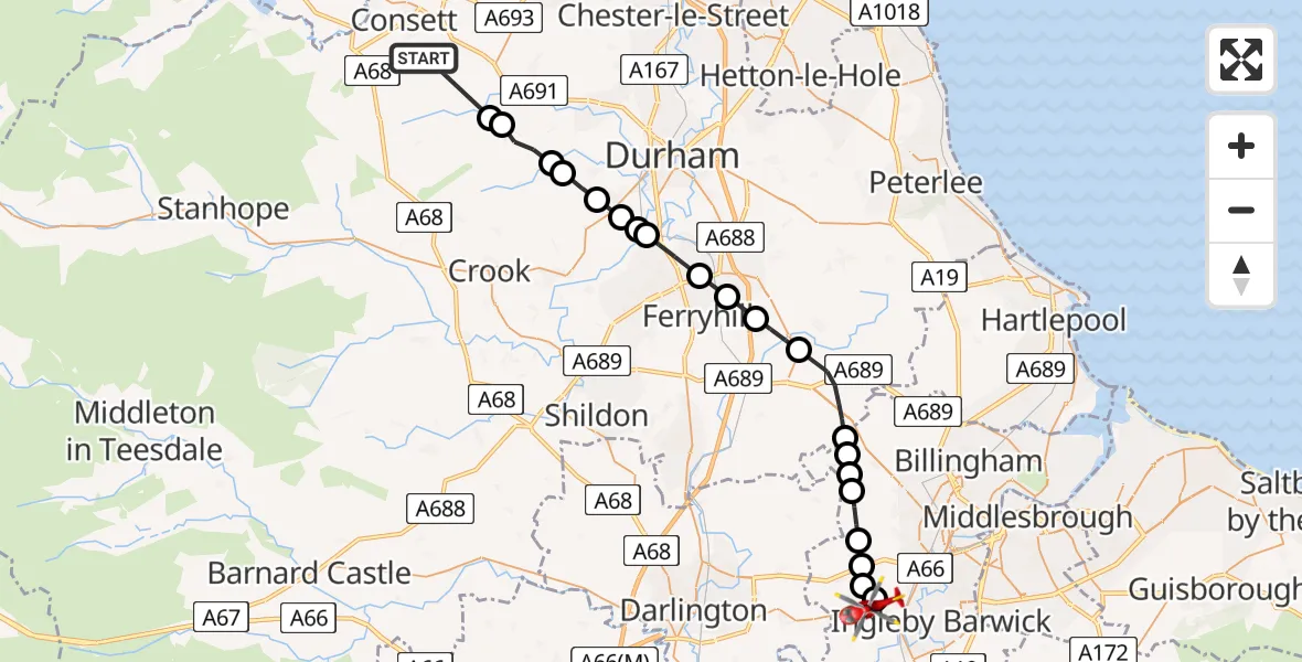 Flight route Air Ambulance Helicopter Consett - Egglescliffe, 30 May 2026, 12:58