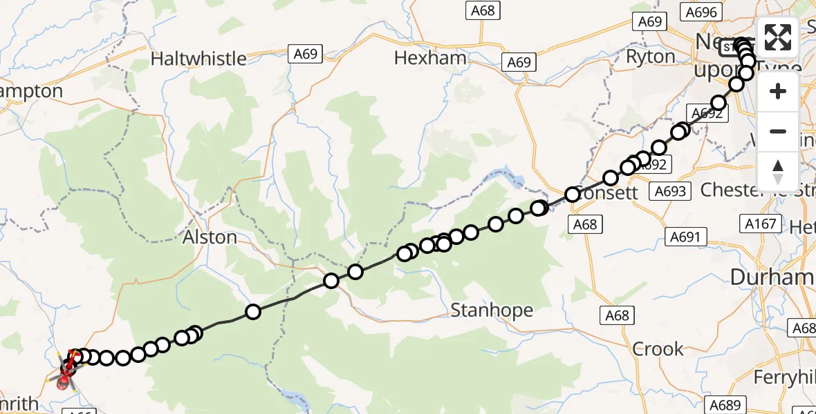 Flight route Air Ambulance Helicopter Newcastle Royal Victoria Infirmary - Langwathby, 30 May 2026, 13:02