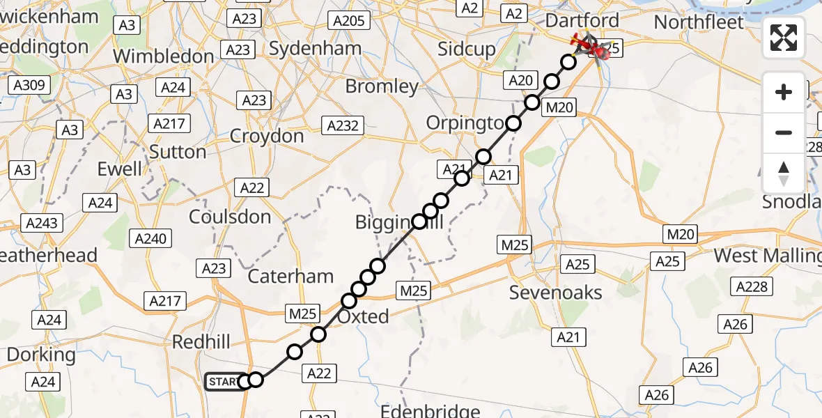 Flight route Air Ambulance Helicopter Redhill Aerodrome - Dartford, 30 May 2026, 13:06
