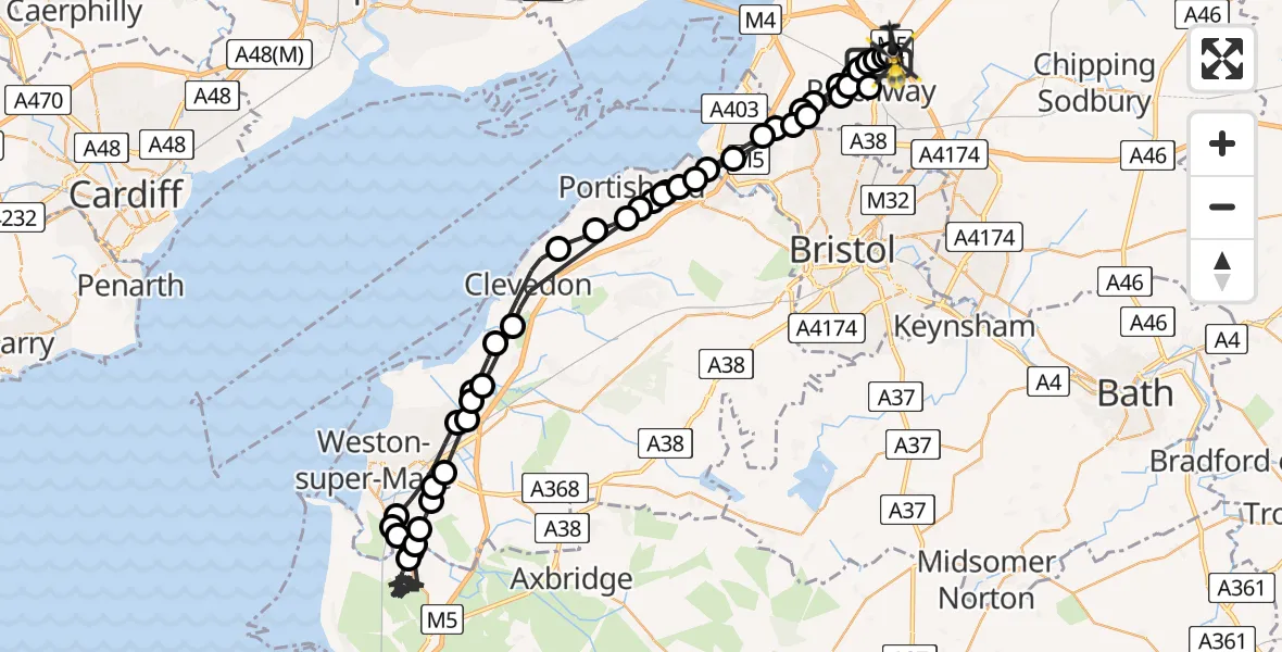 Flight route Police Helicopter Almondsbury - Almondsbury Helicopter Base, 30 May 2026, 13:09