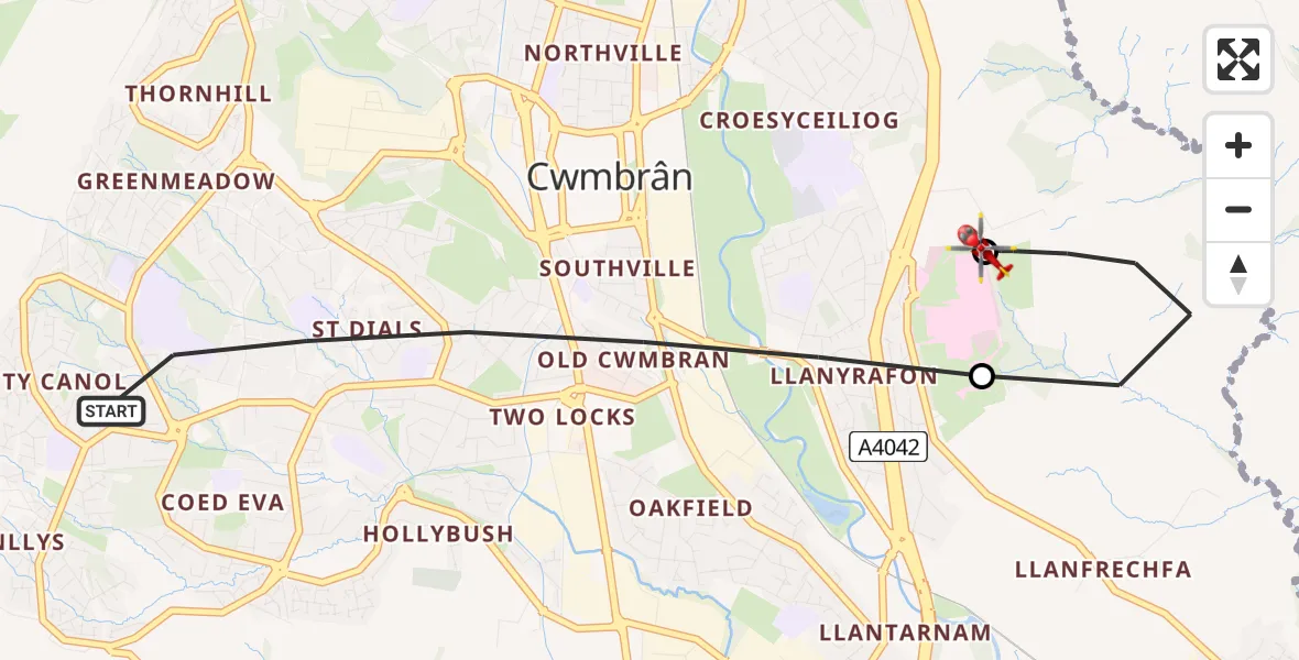 Flight route Air Ambulance Helicopter Cwmbrân - Grange University Hospital Heliport, 30 May 2026, 13:14