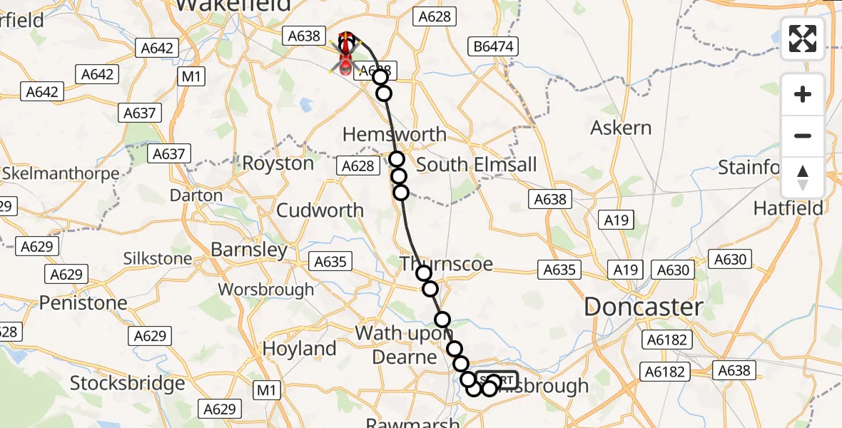 Flight route Air Ambulance Helicopter Old Denaby - YAA Nostell Helicopter Port, 30 May 2026, 13:22