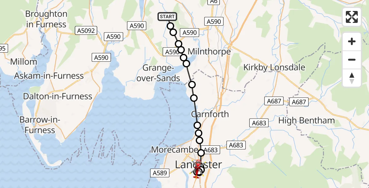 Flight route Air Ambulance Helicopter Bowland Bridge - Aldcliffe, 30 May 2026, 13:32
