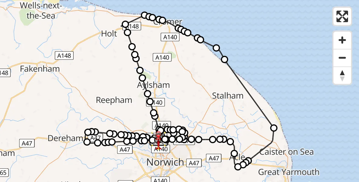 Flight route Air Ambulance Helicopter Norwich Airport - Norwich Airport, 30 May 2026, 13:34