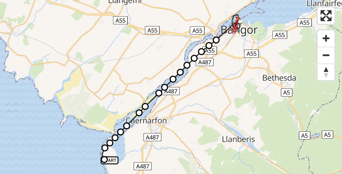Flight route Air Ambulance Helicopter Caernarfon Airport - Bangor, 30 May 2026, 13:36