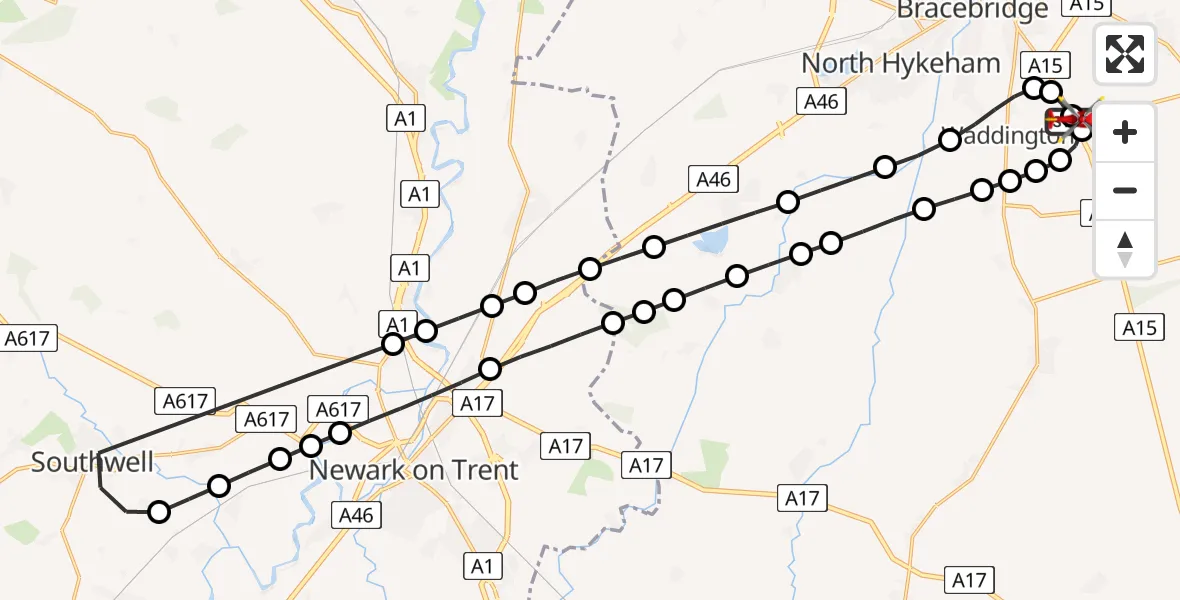 Flight route Air Ambulance Helicopter RAF Waddington - North Kesteven, 30 May 2026, 13:39