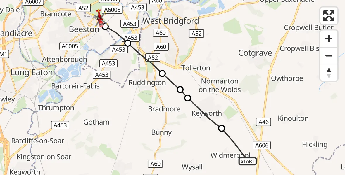 Flight route Air Ambulance Helicopter Widmerpool - Beeston, 30 May 2026, 13:39