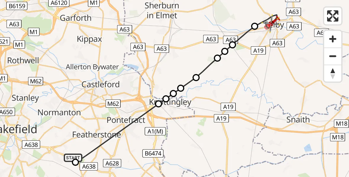 Flight route Air Ambulance Helicopter YAA Nostell Helicopter Port - Selby, 30 May 2026, 13:46