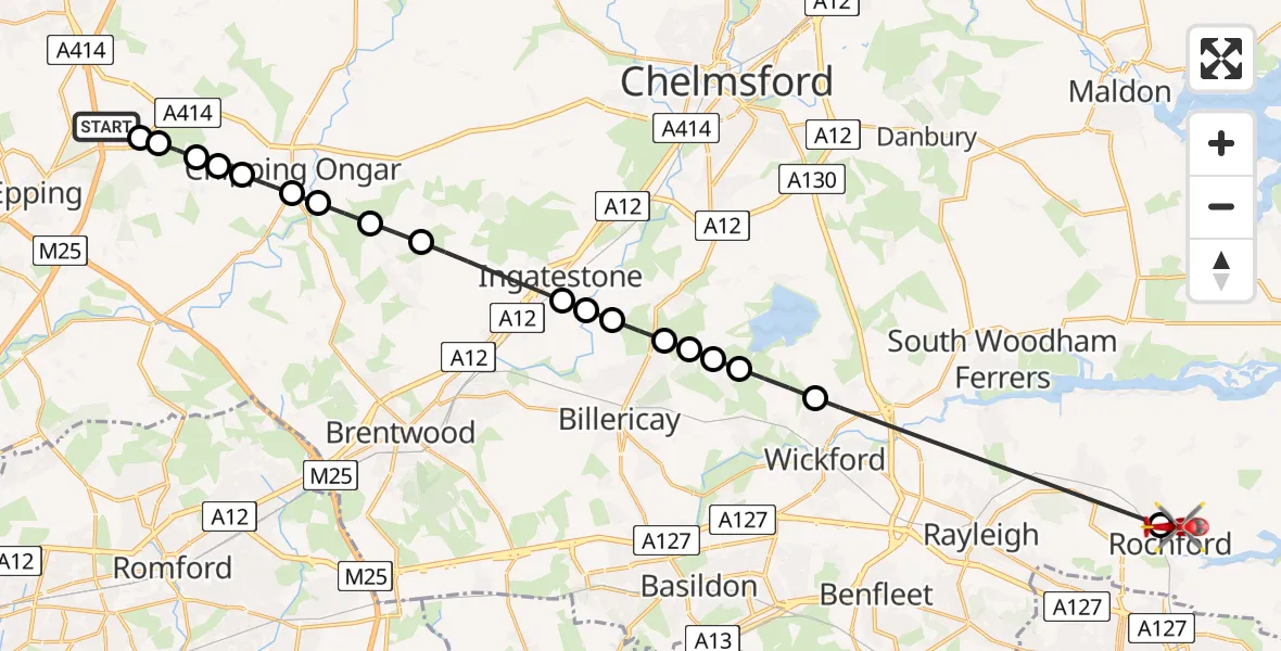 Flight route Air Ambulance Helicopter North Weald Airfield - Rochford, 30 May 2026, 13:47