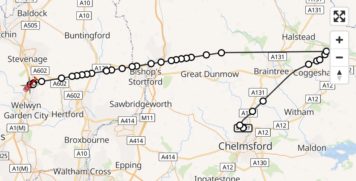 Flight route Air Ambulance Helicopter Broomfield Hospital - Welwyn, 30 May 2026, 13:47