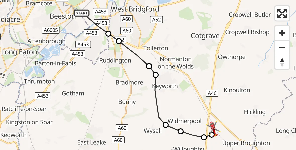 Flight route Air Ambulance Helicopter City of Nottingham - Nottingham Heliport, 30 May 2026, 14:10