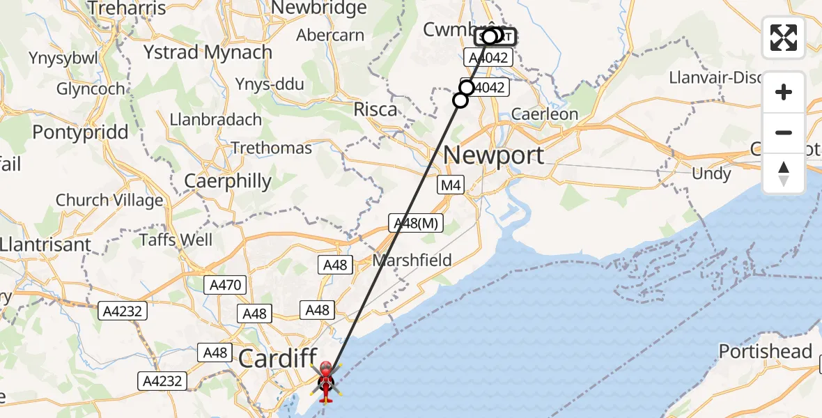 Flight route Air Ambulance Helicopter Grange University Hospital Heliport - Cardiff Heliport, 30 May 2026, 14:12