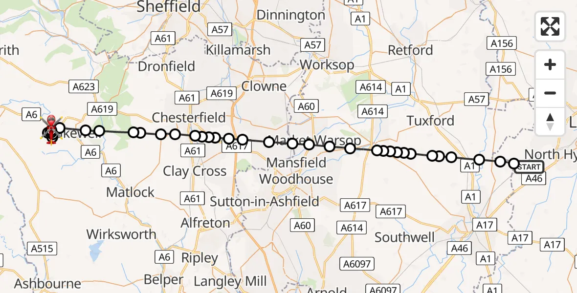Flight route Air Ambulance Helicopter North Kesteven - Ashford in the Water CP, 30 May 2026, 14:23