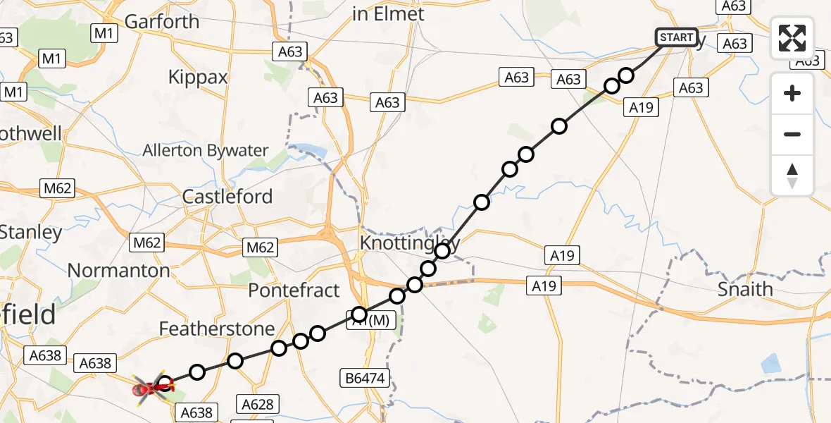 Flight route Air Ambulance Helicopter Selby - YAA Nostell Helicopter Port, 30 May 2026, 14:37