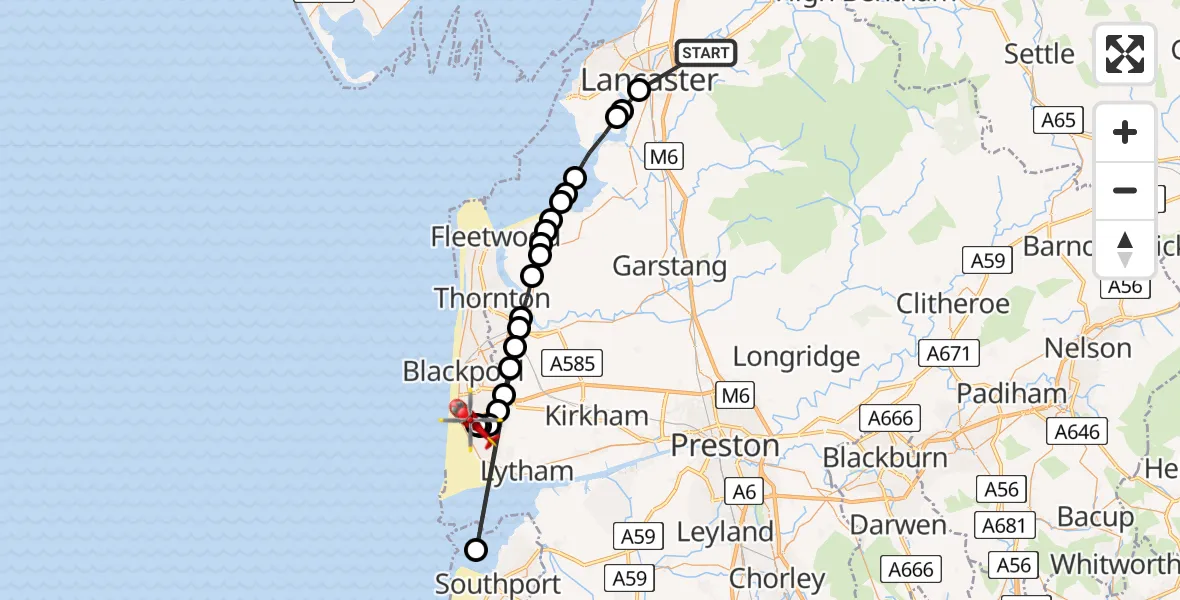 Flight route Air Ambulance Helicopter Quernmore - Blackpool Airport, 30 May 2026, 14:42