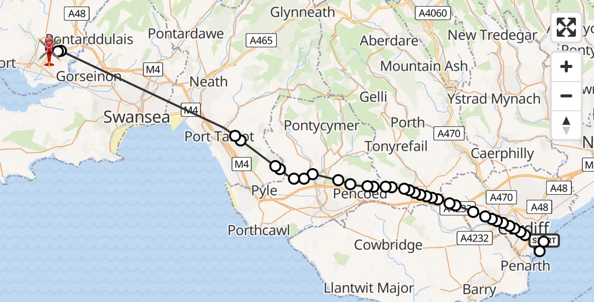 Flight route Air Ambulance Helicopter Cardiff Heliport - Dafen, 30 May 2026, 14:51