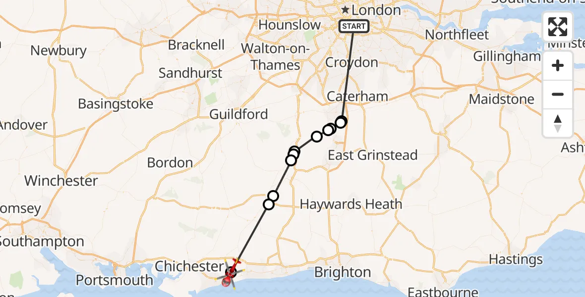 Flight route Air Ambulance Helicopter Kings College London Hospital - Yapton, 30 May 2026, 15:01