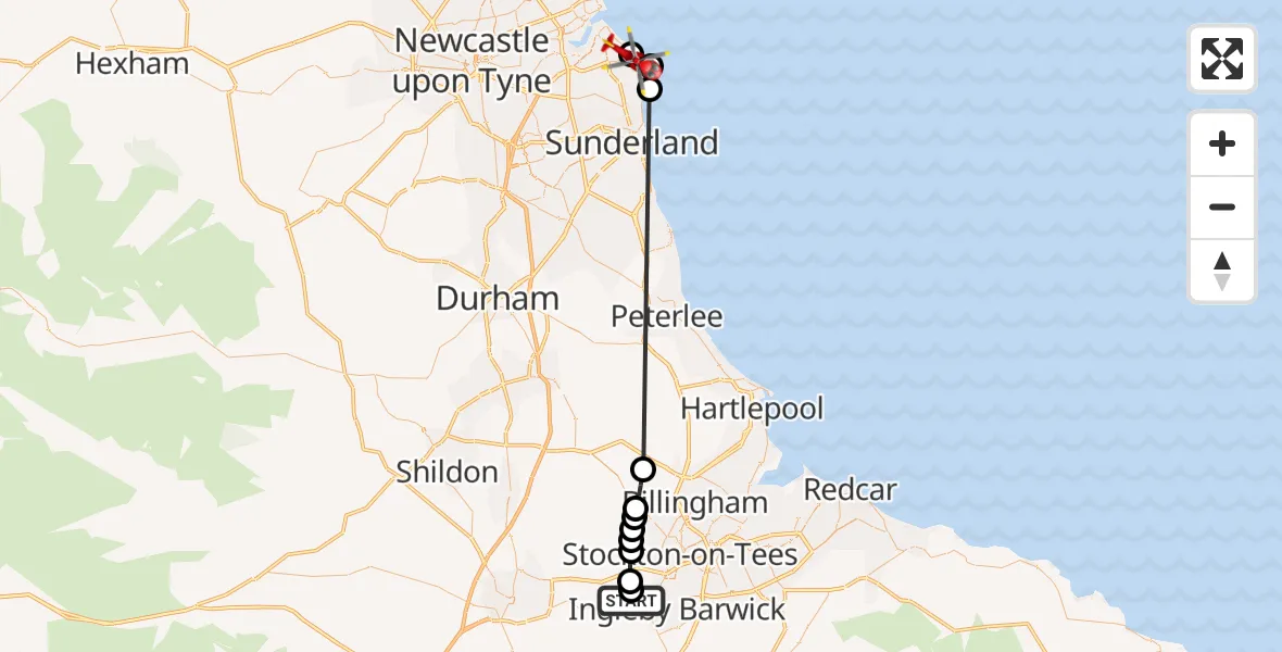 Flight route Air Ambulance Helicopter Egglescliffe - Horsley Hill, 30 May 2026, 15:08