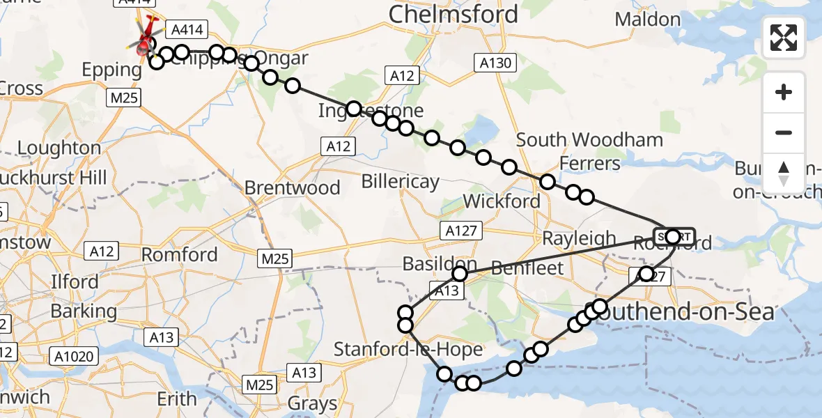 Flight route Air Ambulance Helicopter Rochford - North Weald Airfield, 30 May 2026, 15:09