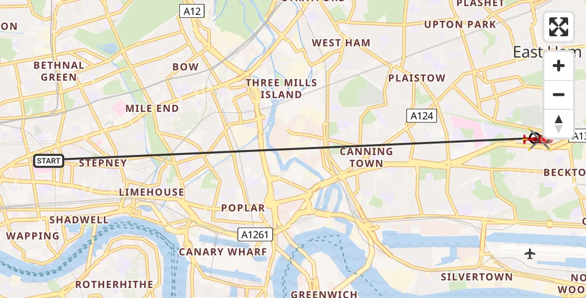 Flight route Air Ambulance Helicopter Royal London Hospital - Beckton, 30 May 2026, 15:11