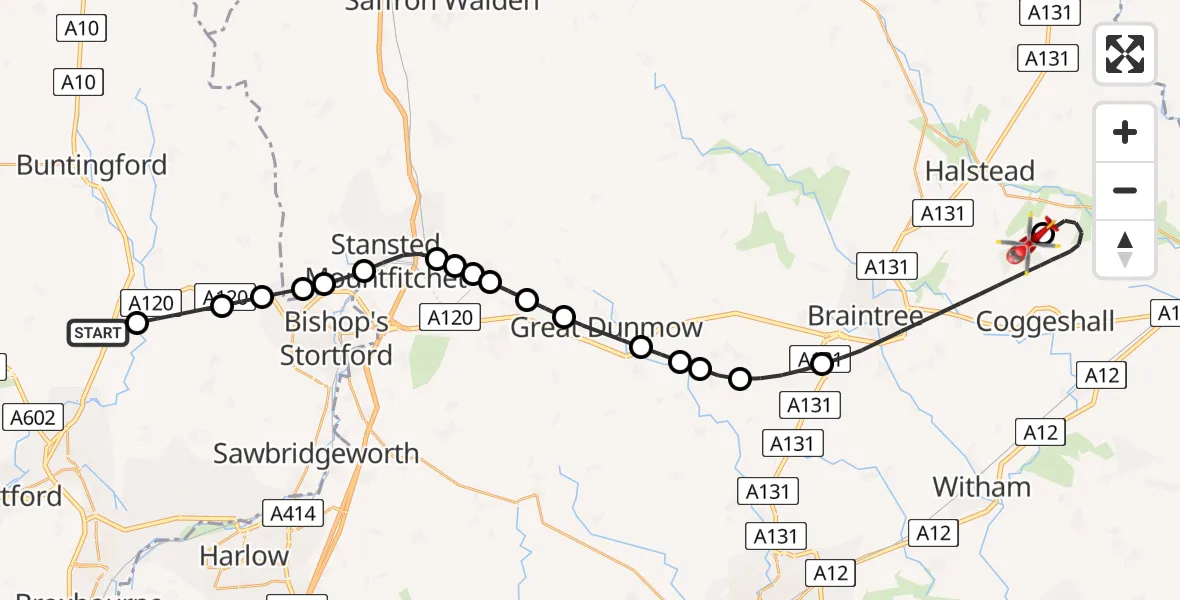 Flight route Air Ambulance Helicopter East Hertfordshire - Earls Colne Airfield, 30 May 2026, 15:19