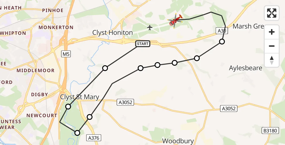 Flight route Air Ambulance Helicopter Exeter International Airport - Exeter International Airport, 30 May 2026, 15:19