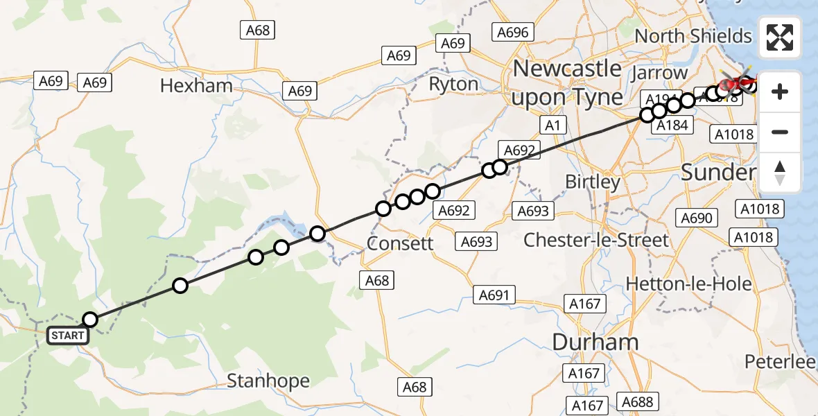 Flight route Air Ambulance Helicopter Stanhope - Horsley Hill, 30 May 2026, 15:20