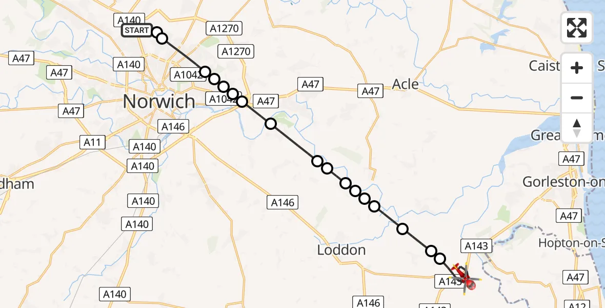 Flight route Air Ambulance Helicopter Norwich Airport - Haddiscoe, 30 May 2026, 15:21