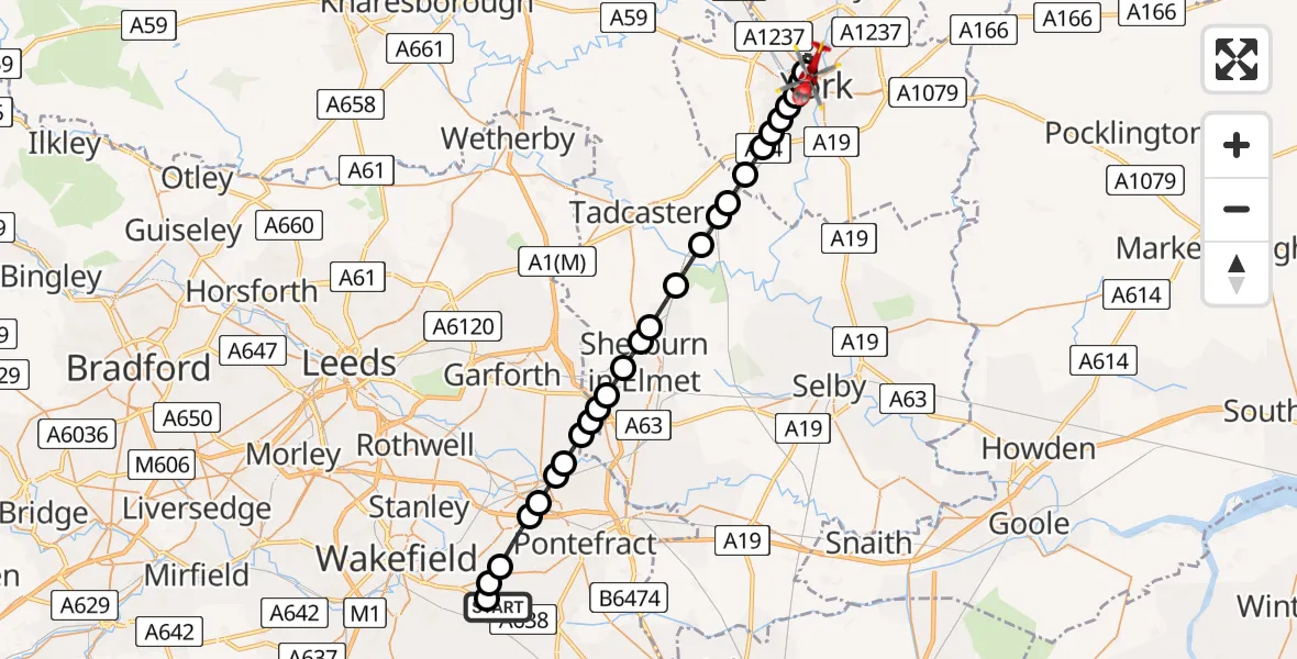 Flight route Air Ambulance Helicopter YAA Nostell Helicopter Port - Clifton, 30 May 2026, 15:23